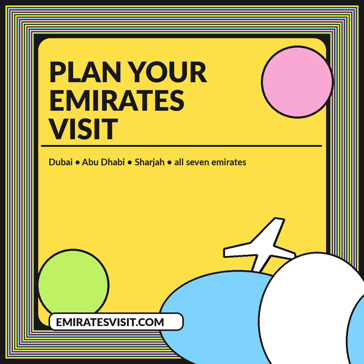 Colorful EmiratesVisit.com travel-planning illustration with UAE city, coast and desert themes